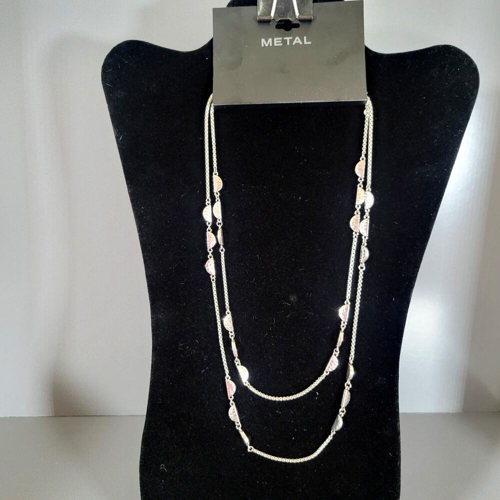 Silver-Tone Double Strand Layered Necklace w/ Metal Accents, 18" + 3" Extender